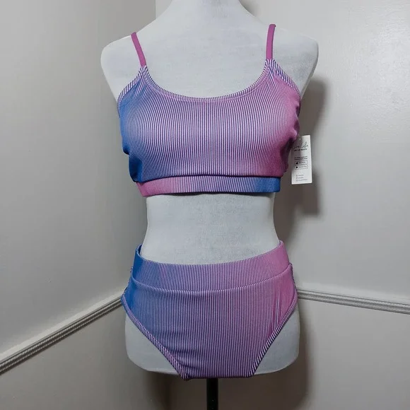 Cupshe Pink Blue Ombre Ribbed High Waisted Bikini Set Large New - Picture 2 of 8